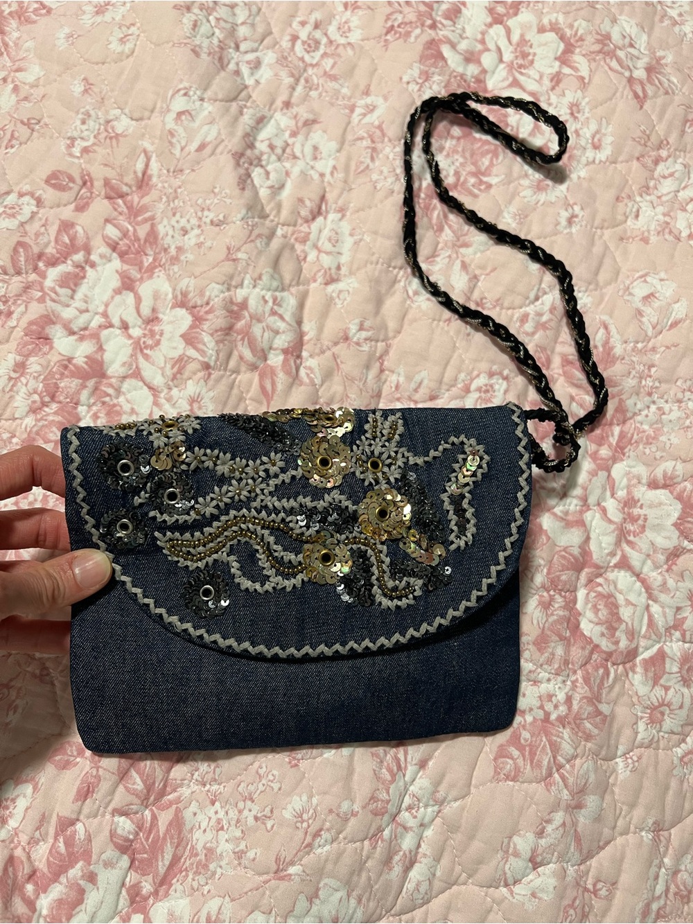 Embellished Dark Blue Denim Crossbody Bag